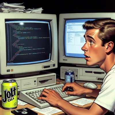 Image: a man writing code on an old computer